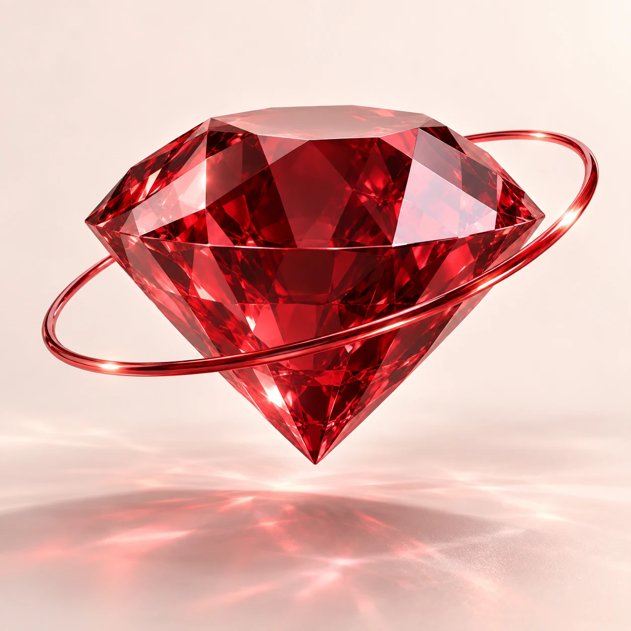 A ruby glass form suspended in a sculptural orbit
